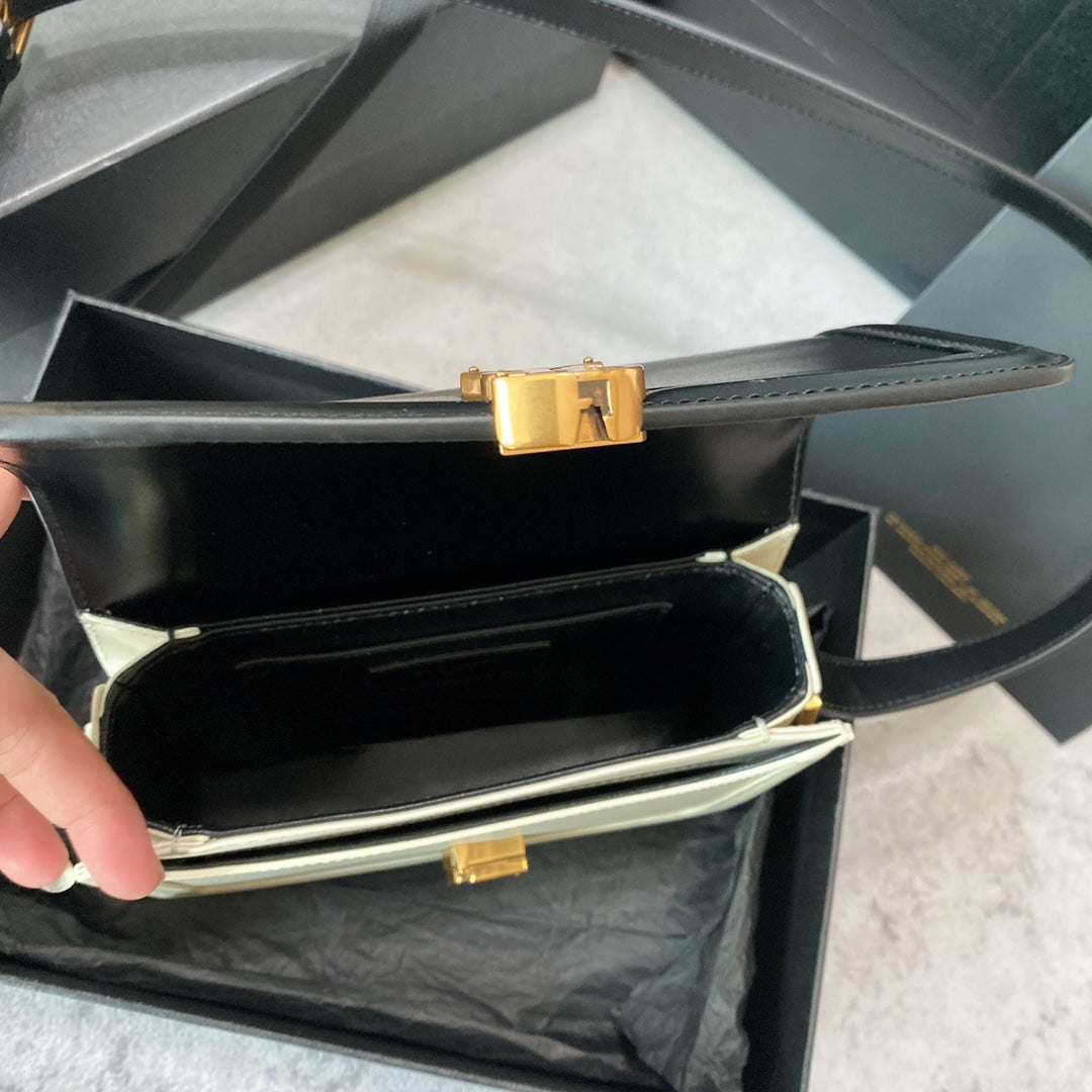 Luxury Saint Laurent SOLFERINO SMALL SATCHEL 19 IN BLACK MIX WHITE CALFSKIN GOLD LOGO