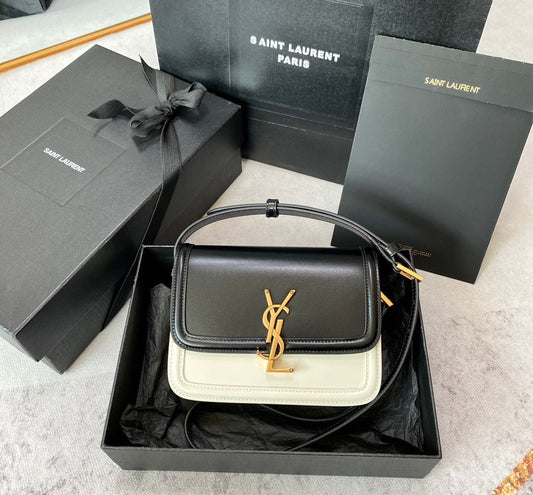 Luxury Saint Laurent SOLFERINO SMALL SATCHEL 19 IN BLACK MIX WHITE CALFSKIN GOLD LOGO