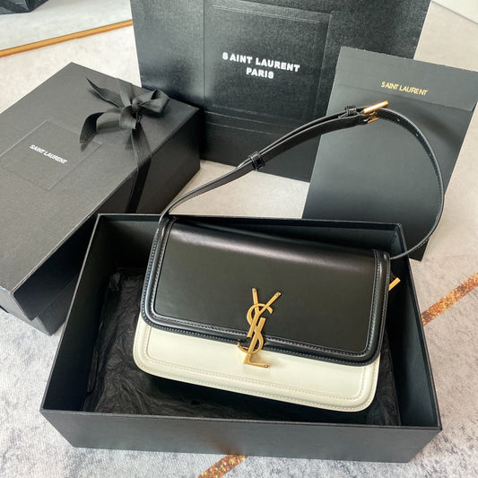 Luxury Saint Laurent SOLFERINO MEDIUM SATCHEL 23 IN BLACK MIX WHITE CALFSKIN GOLD LOGO