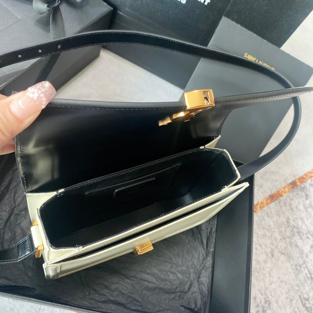 Luxury Saint Laurent SOLFERINO MEDIUM SATCHEL 23 IN BLACK MIX WHITE CALFSKIN GOLD LOGO