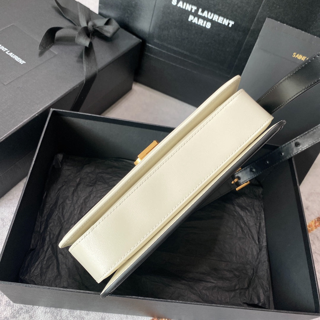 Luxury Saint Laurent SOLFERINO MEDIUM SATCHEL 23 IN BLACK MIX WHITE CALFSKIN GOLD LOGO