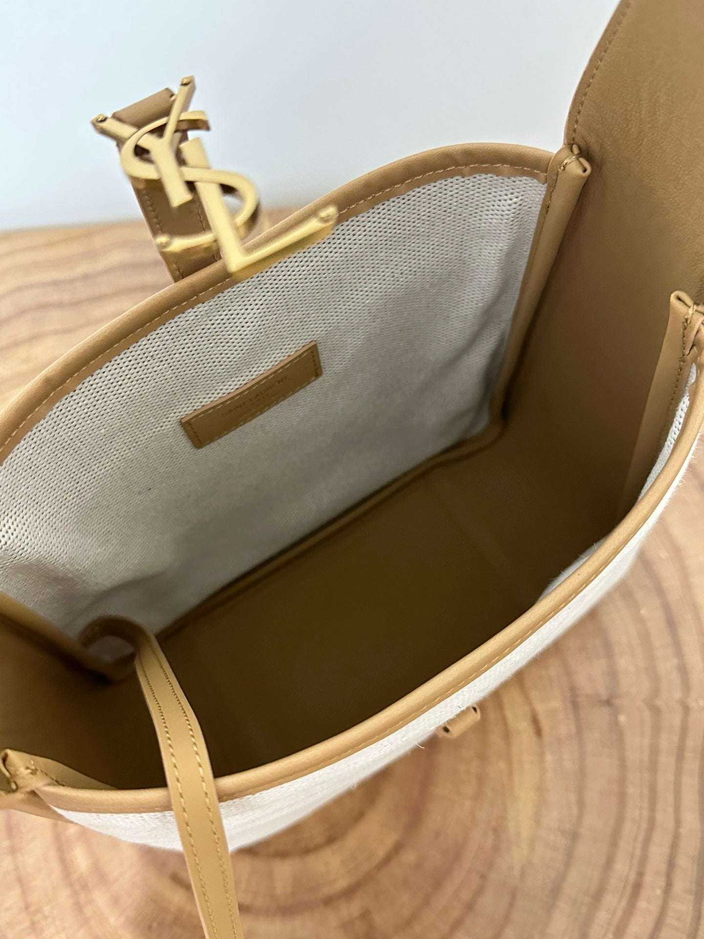 Luxury Saint Laurent le 5a7 small 23 cream canvas brown calfskin