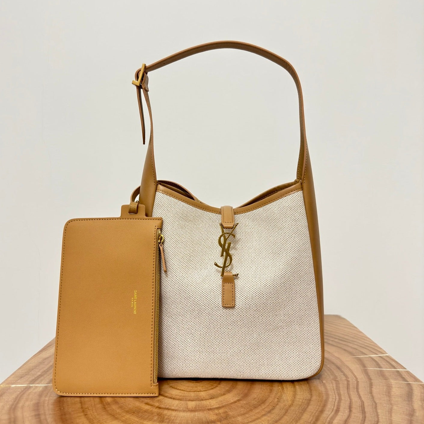 Luxury Saint Laurent le 5a7 small 23 cream canvas brown calfskin