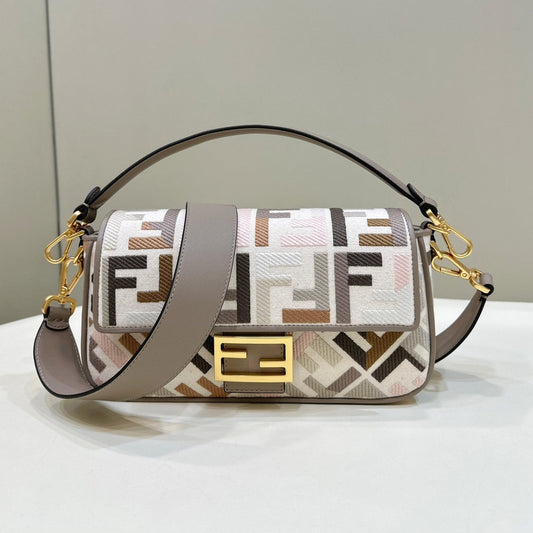 Luxury FendiBAGUETTE CANVAS 27 BAG GREY STRAP WITH MULTICOLOUR EMBROIDERY GOLD HARDWARE