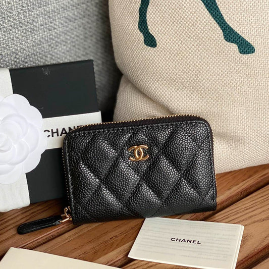Luxury Chanel zipped wallet 7.5cm black caviar gold hardware