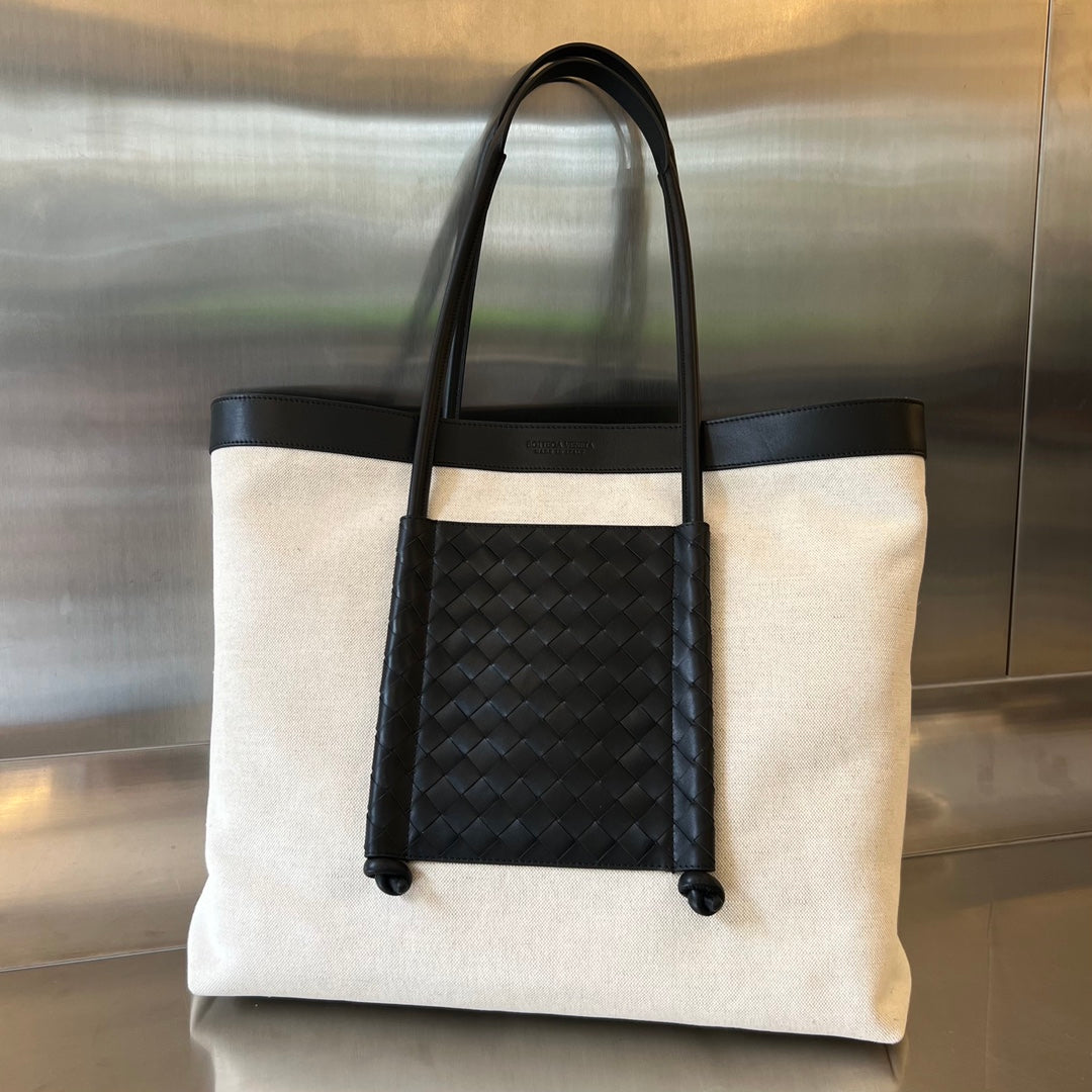 Luxury Bottega Veneta PORTELLO TOTE 53 IN BLACK CALFSKIN AND WHITE CANVAS