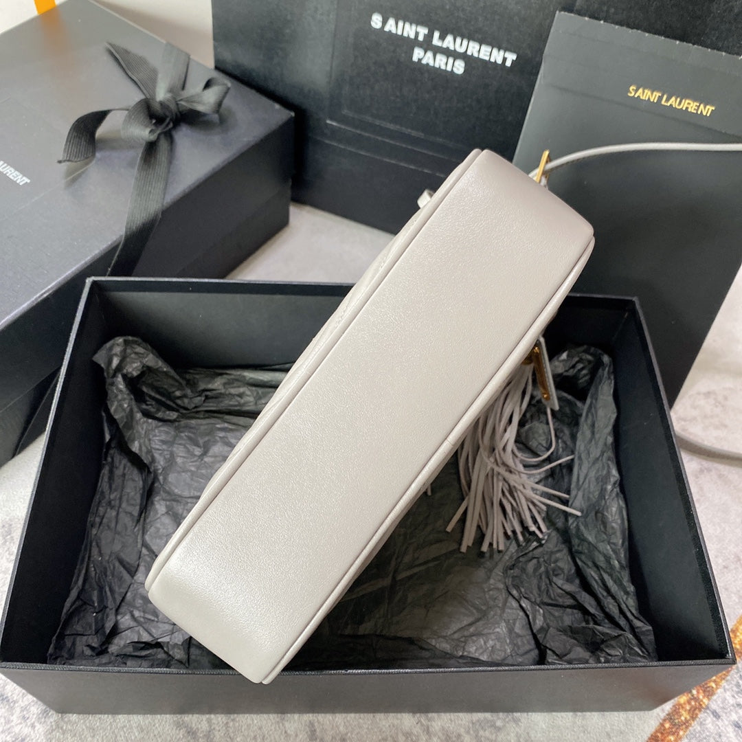 Luxury Saint Laurent LOU CAMERA BAG 23 IN LIGHT GRAY CALFSKIN GOLD LOGO