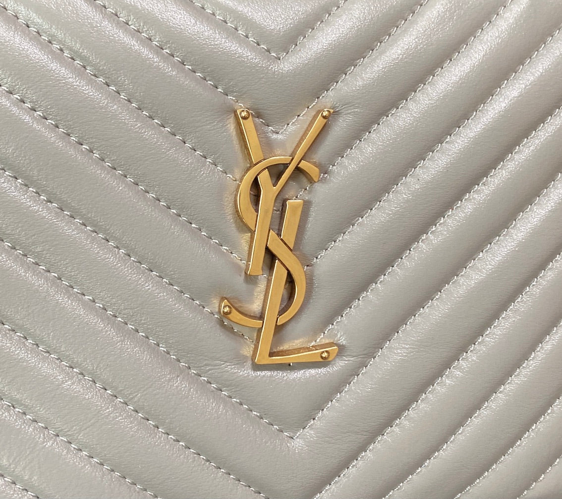 Luxury Saint Laurent LOU CAMERA BAG 23 IN LIGHT GRAY CALFSKIN GOLD LOGO