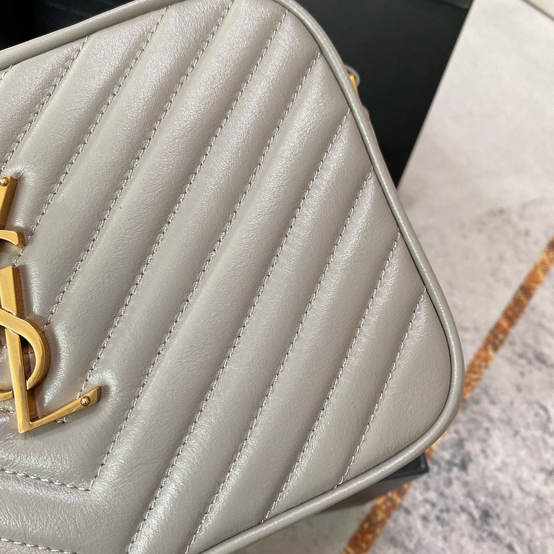 Luxury Saint Laurent LOU CAMERA BAG 23 IN LIGHT GRAY CALFSKIN GOLD LOGO