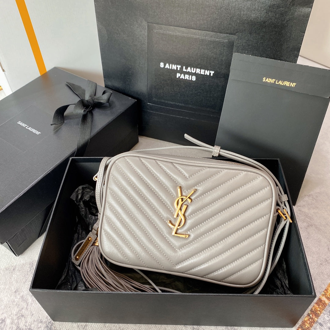 Luxury Saint Laurent LOU CAMERA BAG 23 IN LIGHT GRAY CALFSKIN GOLD LOGO