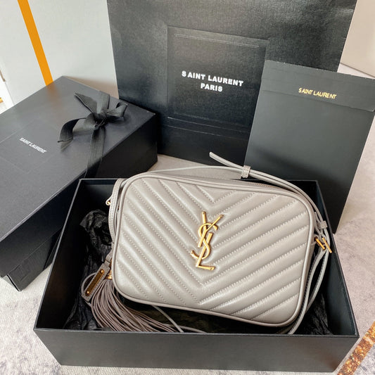 Luxury Saint Laurent LOU CAMERA BAG 23 IN LIGHT GRAY CALFSKIN GOLD LOGO