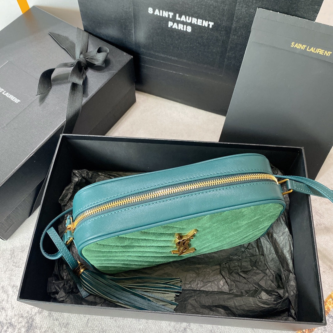 Luxury Saint Laurent LOU CAMERA BAG 23 IN GREENISH SUEDE AND CALFSKIN TRIM