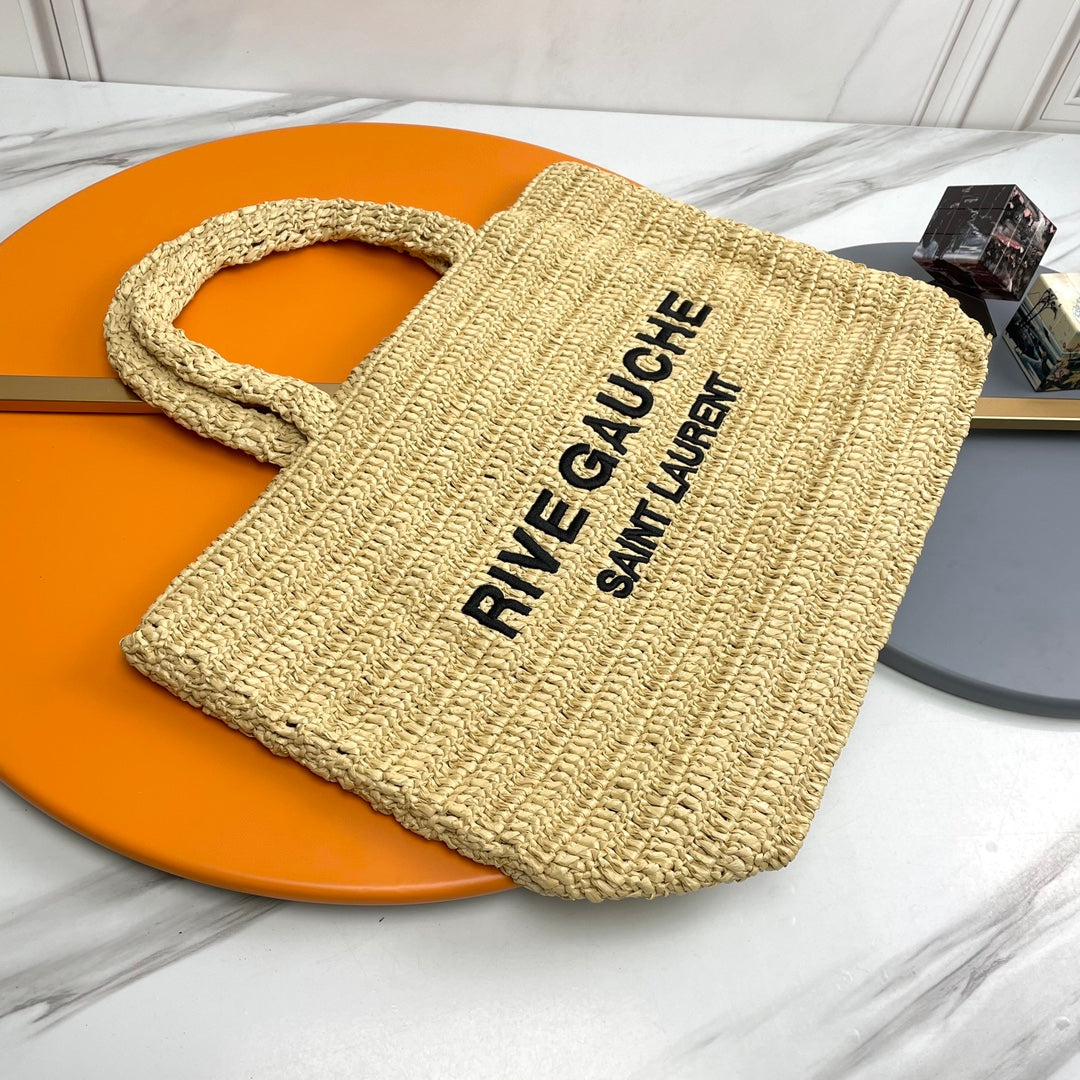 Luxury Saint Laurent RIVE GAUCHE TOTE BAG 38 IN LIGHT YELLOW RAFFIA