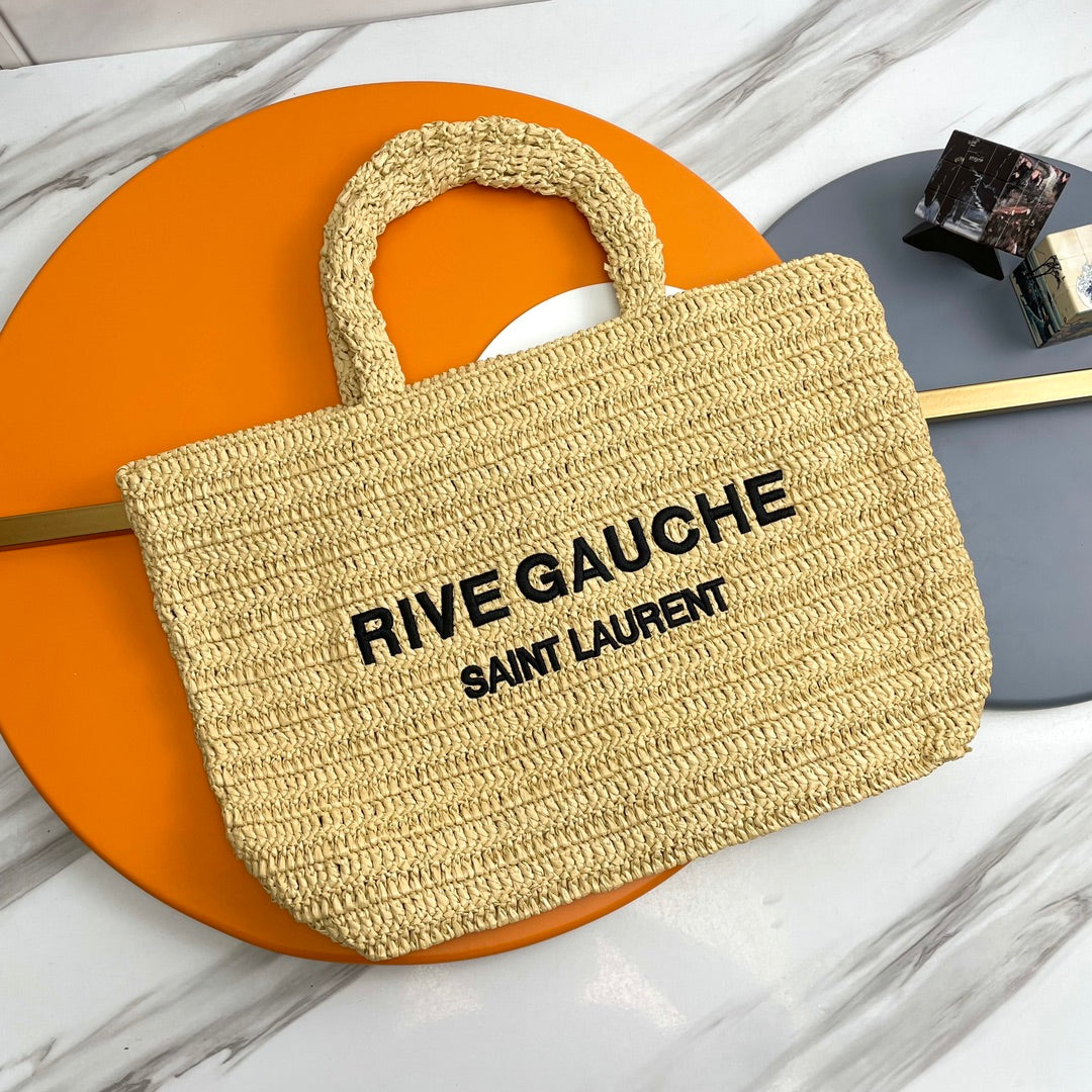 Luxury Saint Laurent RIVE GAUCHE TOTE BAG 38 IN LIGHT YELLOW RAFFIA