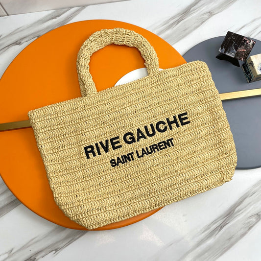 Luxury Saint Laurent RIVE GAUCHE TOTE BAG 38 IN LIGHT YELLOW RAFFIA