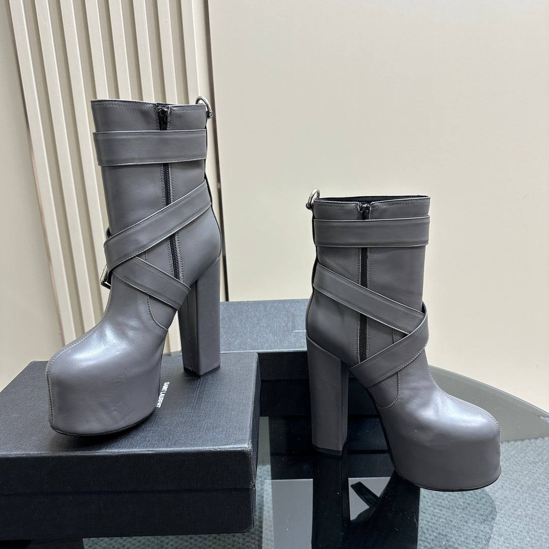 Luxury Saint Laurent SL ANKLE BUCKLE BOOT PLATFORM PORPOISE CALFSKIN