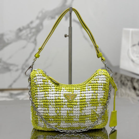 Luxury PradaCROCHET HOBO BAG 22 IN VOLT GREEN MIX WHITE RAFFIA SILVER HARDWARE