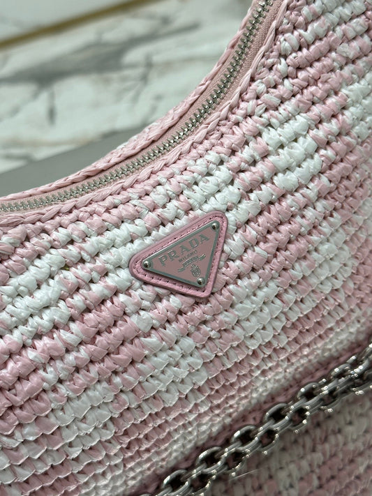 Luxury PradaCROCHET HOBO BAG 22 IN PINK MIX WHITE RAFFIA SILVER HARDWARE