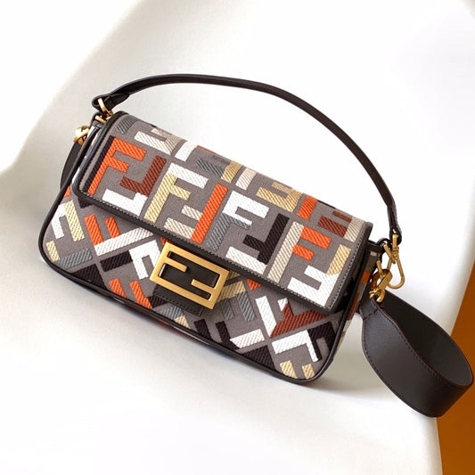 Luxury FendiFend Baguette Brown and Multicolour Canvas Bag 27 with FF Embroidery Ghw