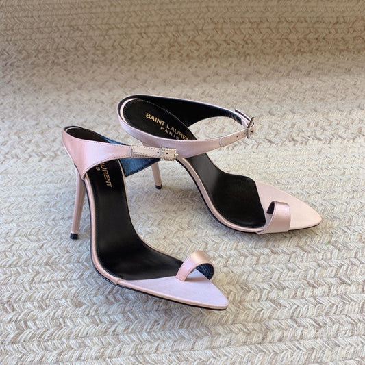 Luxury Saint Laurent GAP CRYSTAL-BUCKLE SLIDE SANDALS IN LIGHT PINK SILK