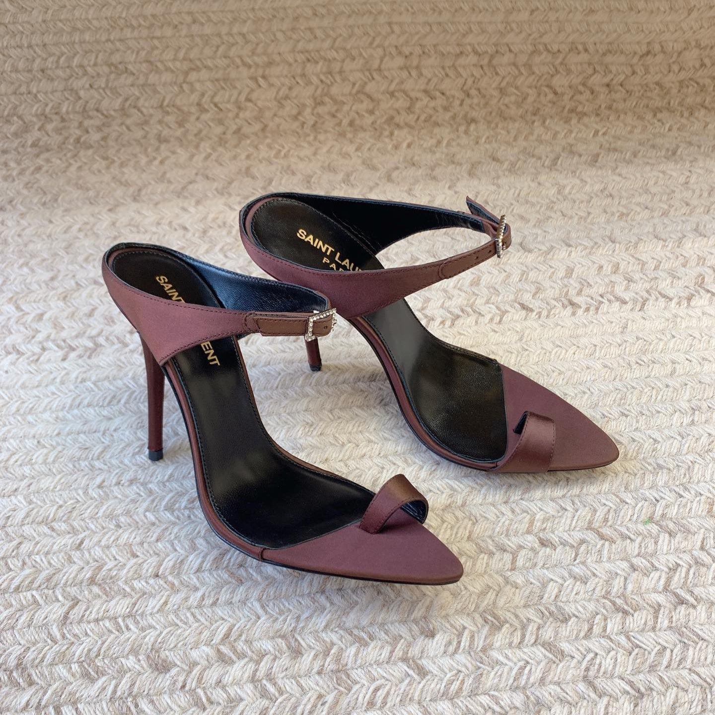 Luxury Saint Laurent GAP CRYSTAL-BUCKLE SLIDE SANDALS IN SHIRAZ RED SILK