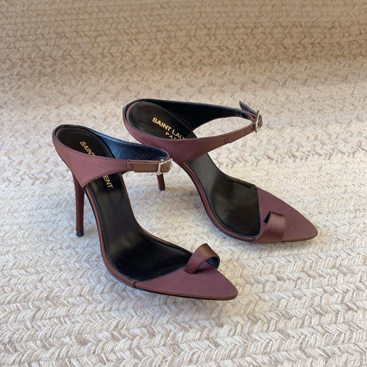 Luxury Saint Laurent GAP CRYSTAL-BUCKLE SLIDE SANDALS IN SHIRAZ RED SILK