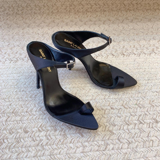 Luxury Saint Laurent GAP CRYSTAL-BUCKLE SLIDE SANDALS IN BLACK SILK