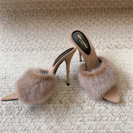 Luxury Saint Laurent LA 16 HEELED MULES IN BEIGE RABBIT FUR AND SMOOTH LAMBSKIN