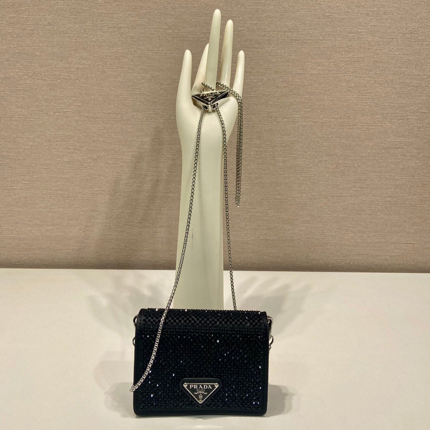 Luxury PradaMINI FLAP BAG 11 IN BLACK DUCHESSE FABRIC ATTACHED FULL CRYSTALS SILVER CHAIN