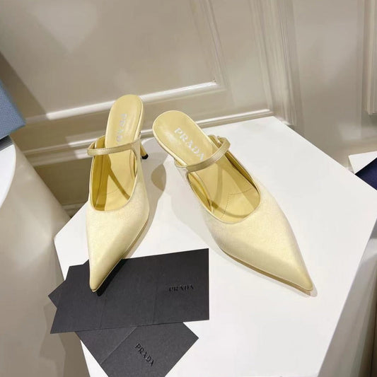 Luxury PradaHIGH-HEELED MULES YELLOW CREAM SATIN