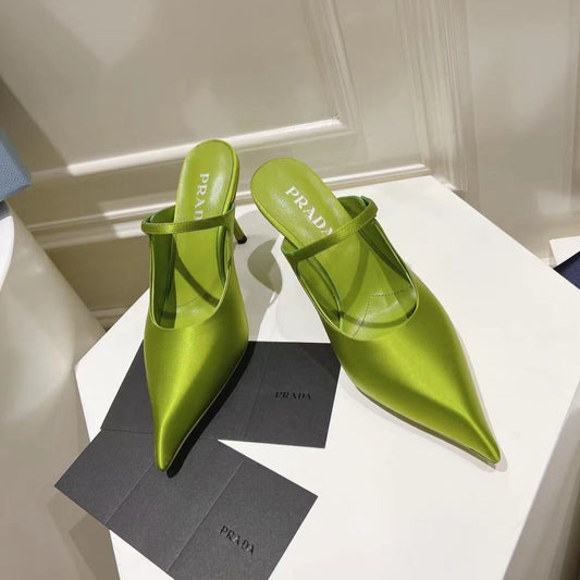 Luxury PradaHIGH-HEELED MULES PEAR SATIN