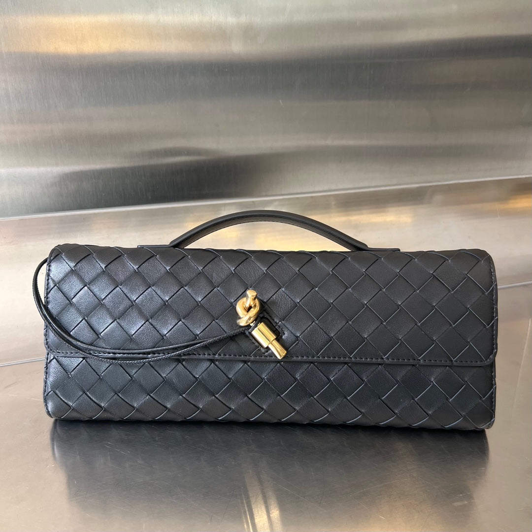 Luxury Bottega Veneta BV Long Clutch Andiamo With Handle 31cm Black Calfskin Ghw