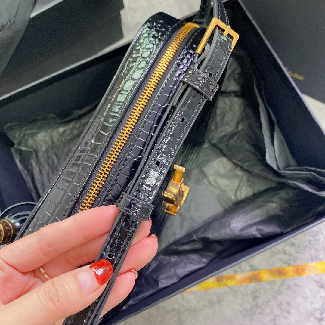 Luxury Saint Laurent LOU CAMERA BAG 23 IN BLACK CROCODILE PATTERN CALFSKIN GOLD LOGO