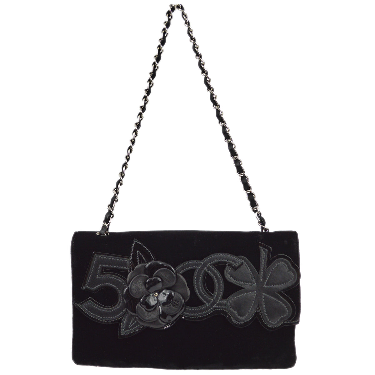 Luxury Chanel 2005-2006 Black Velvet Camelia Shoulder Bag