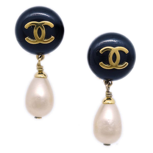 Luxury Chanel Artificial Pearl Dangle Earrings Clip-On Black 95P