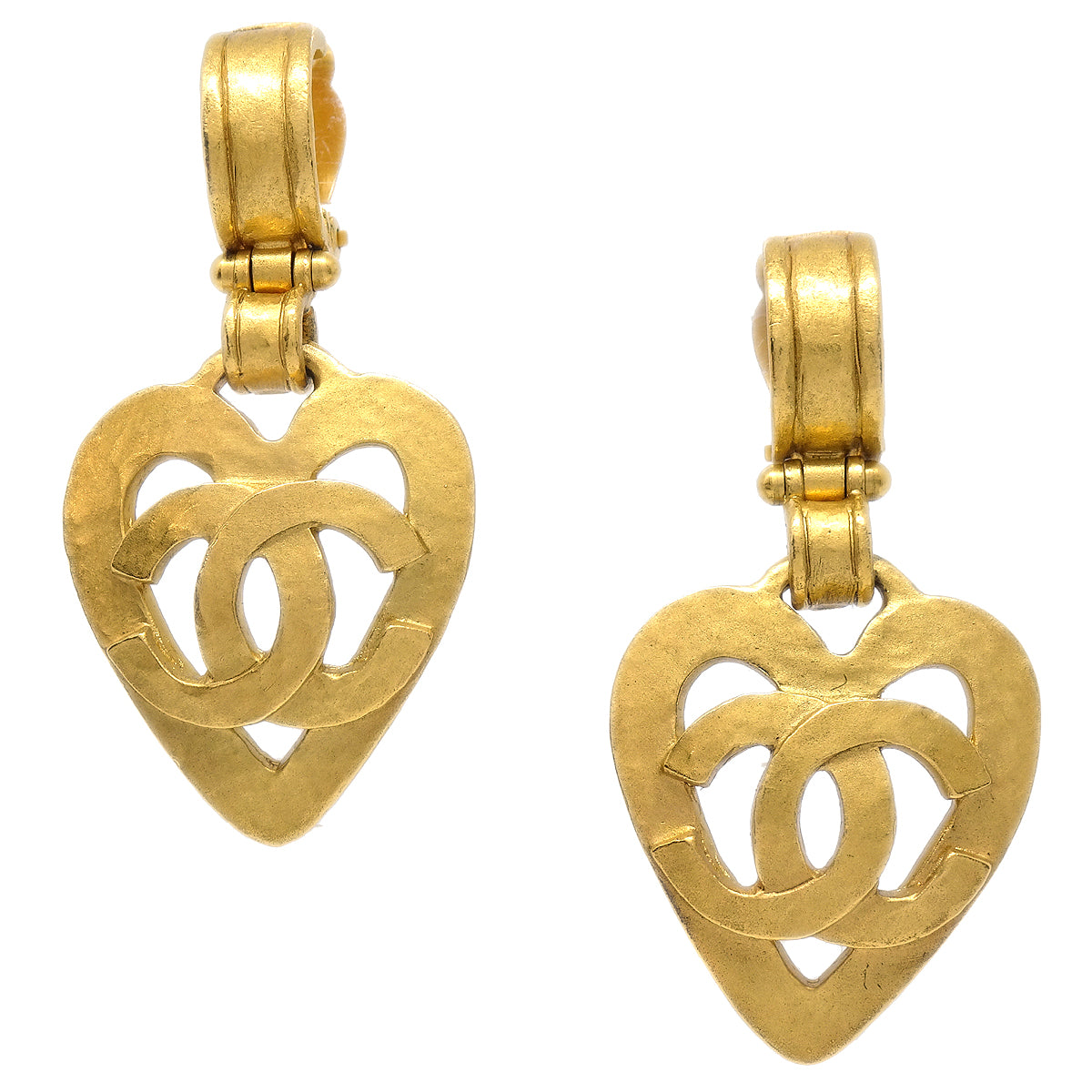 Luxury Chanel Dangle Heart Earrings Gold Clip-On 95P