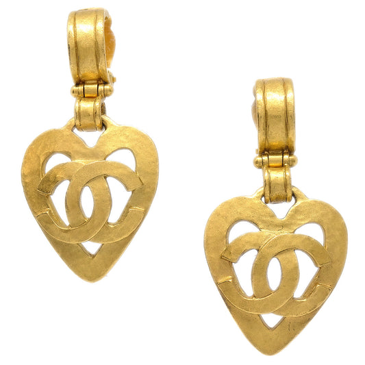 Luxury Chanel Dangle Heart Earrings Gold Clip-On 95P