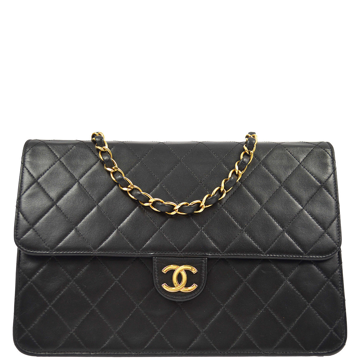 Luxury Chanel 1997-1999 Black Lambskin Pushlock Medium Half Flap Shoulder Bag