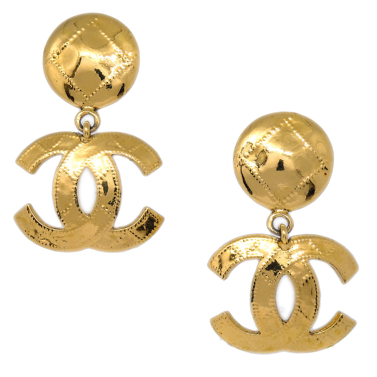 Luxury Chanel 1994 Quilted CC Dangle Earrings Clip-On Gold Small