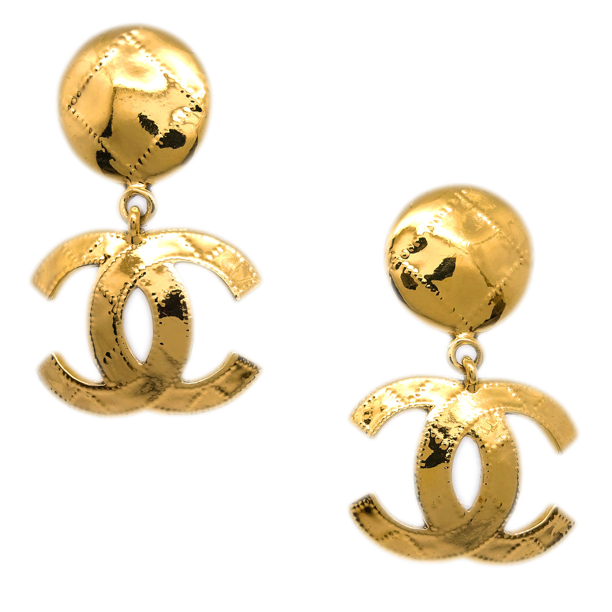 Luxury Chanel 1994 Quilted CC Dangle Earrings Clip-On Gold Small