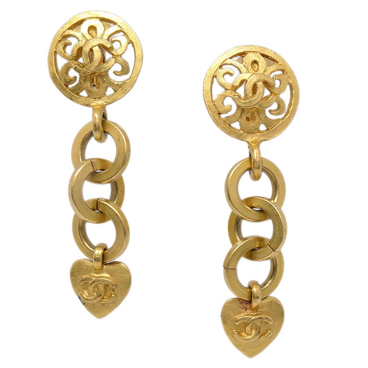 Luxury Chanel Heart Dangle Earrings Clip-On Gold 95P