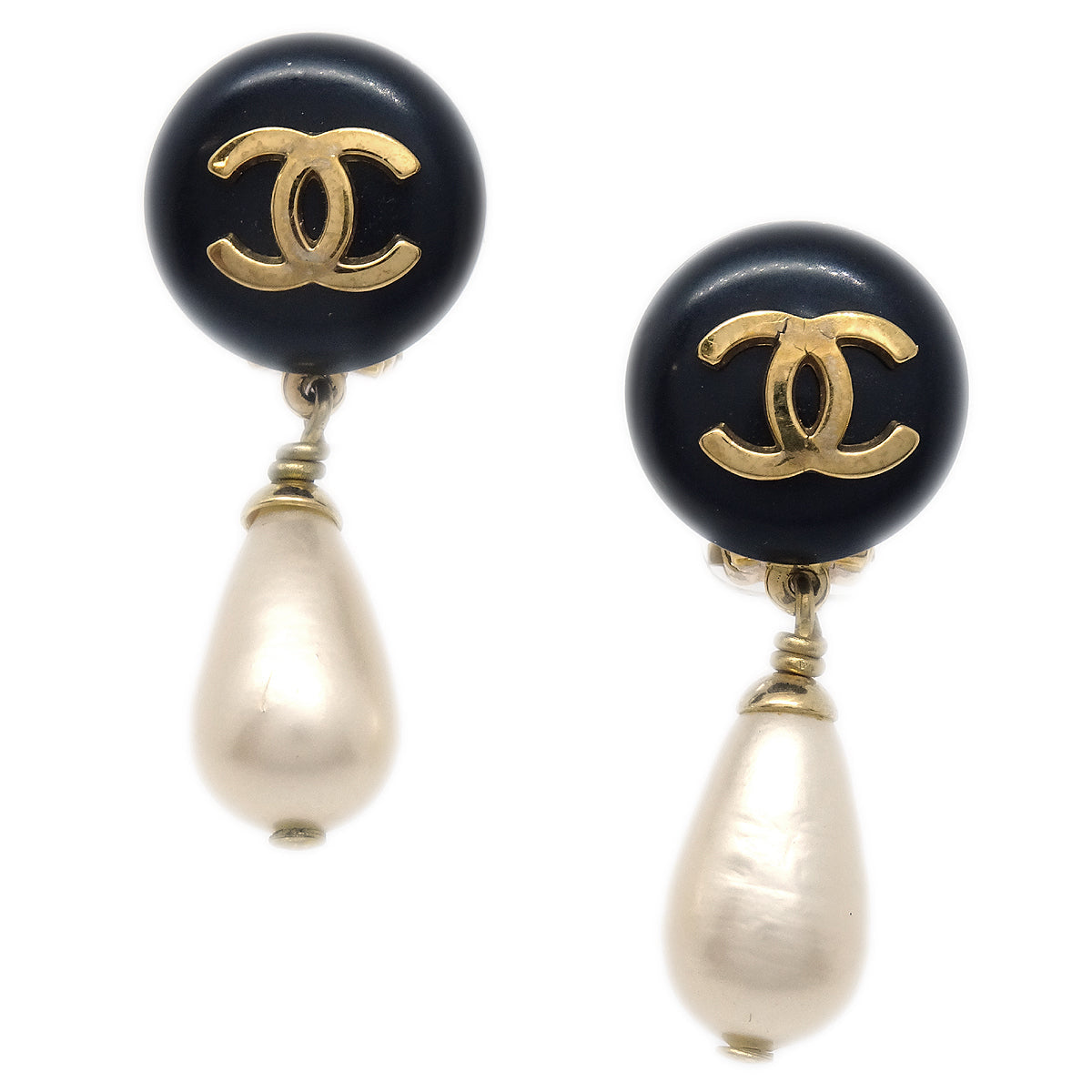 Luxury Chanel Artificial Pearl Dangle Earrings Clip-On Black 95P