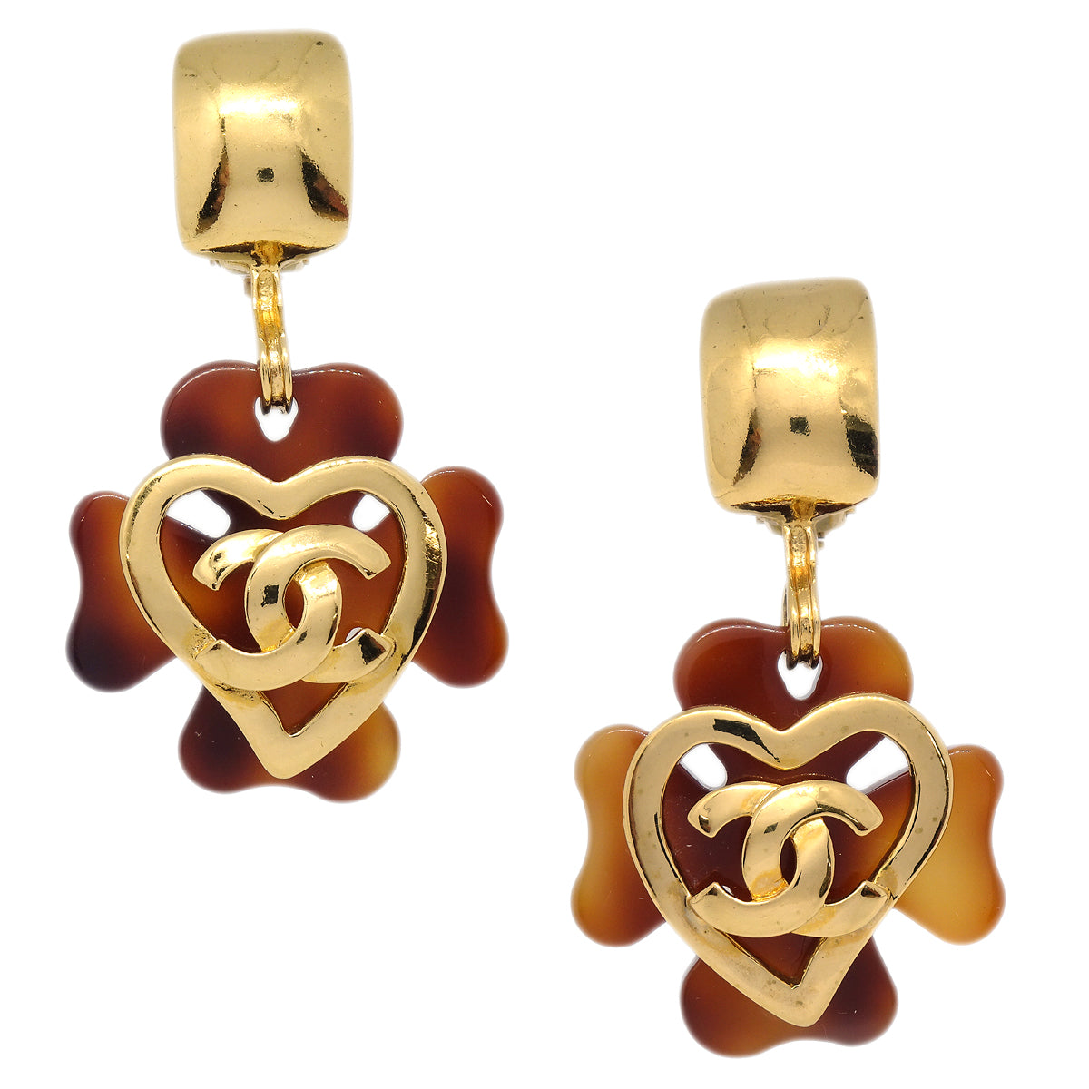 Luxury Chanel 1995 Faux Tortoiseshell Heart CC Dangle Earrings