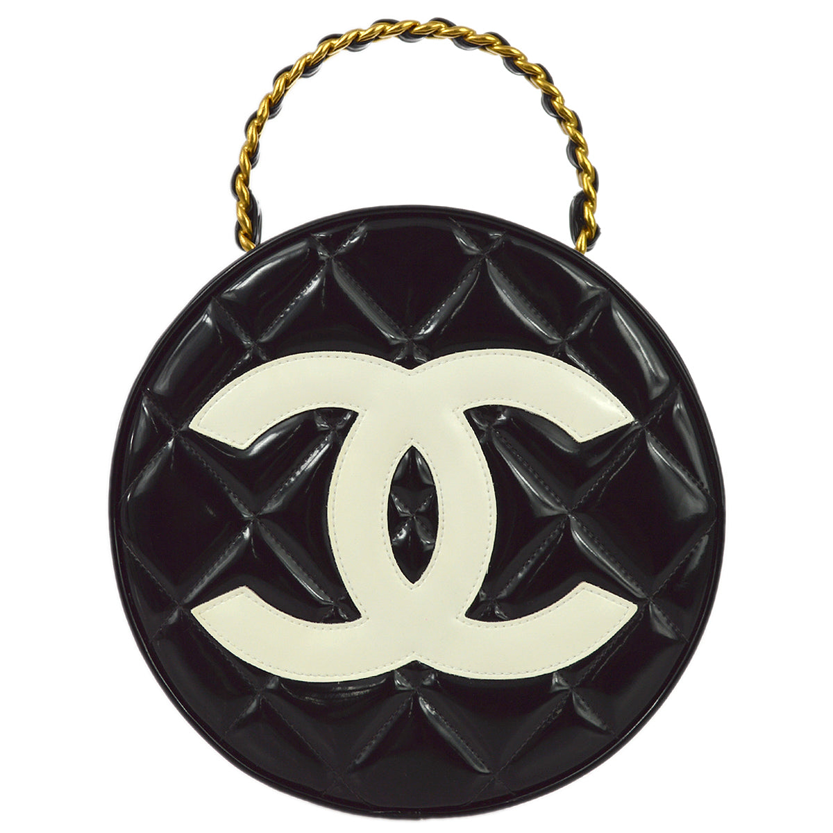 Luxury Chanel 1994-1996 Black Patent Leather Round Vanity Handbag