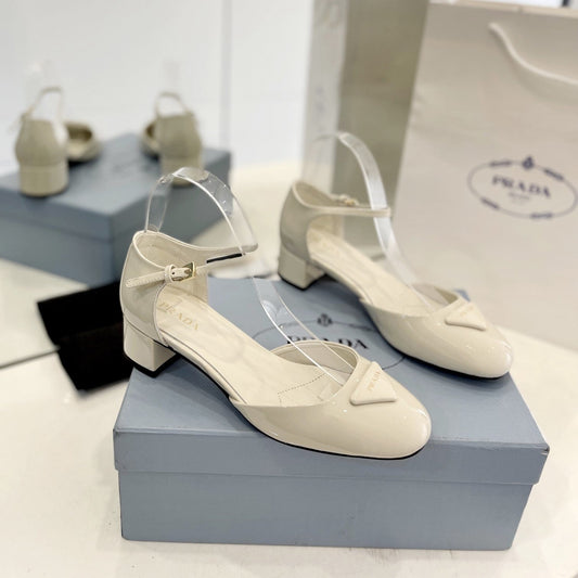 Luxury PradaSlingback 40 Square Sole White Patent Leather