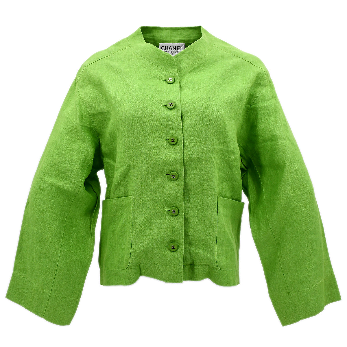 Luxury Chanel Single Breasted Collarless Jacket Green