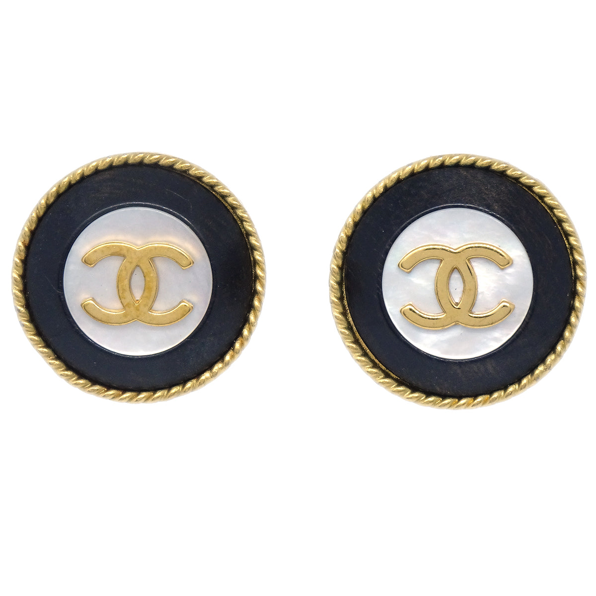 Luxury Chanel 1994 Mother of Pearl 'CC' Rope Edge Button Earrings