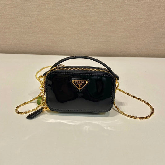 Luxury PradaMINI HAND BAG 11 WITH GOLD STRAP IN BLACK PATENT CALFSKIN