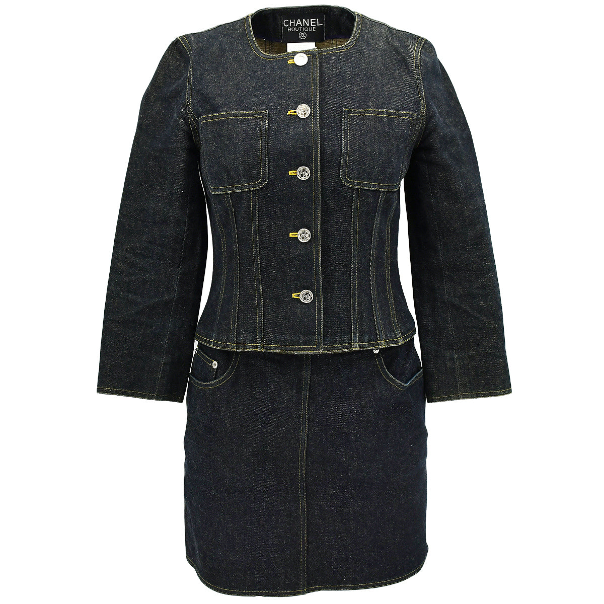 Luxury Chanel Spring 1996 Setup Suit Collarless Jacket Skirt Denim Indigo #38