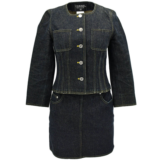 Luxury Chanel Spring 1996 Setup Suit Collarless Jacket Skirt Denim Indigo #38